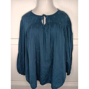 Old Navy Poet Blouse 2X Blue Long Sleeve Tie Front Embroidered Boho Cottagecore